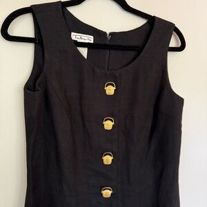 TALBOTS Rare Vintage Gold Picnic Basket Button Black Linen Maxi Dress Size 4
